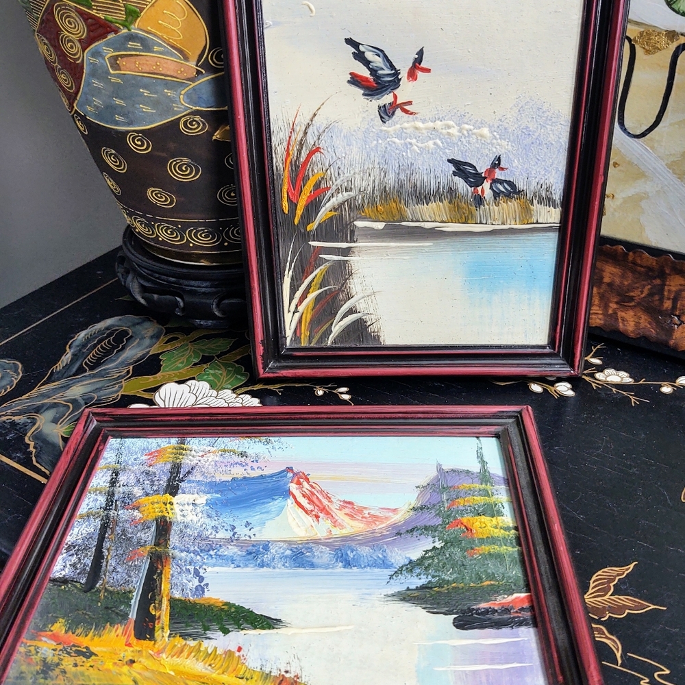 Vtg mini oil paintings waterfront mountain duck wildlife mid century modern art
